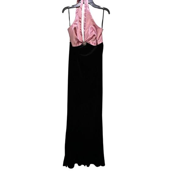 Jessica McClintock Gunne Sax 90s Black Pink Velvet Halter Neck Maxi Dress 12